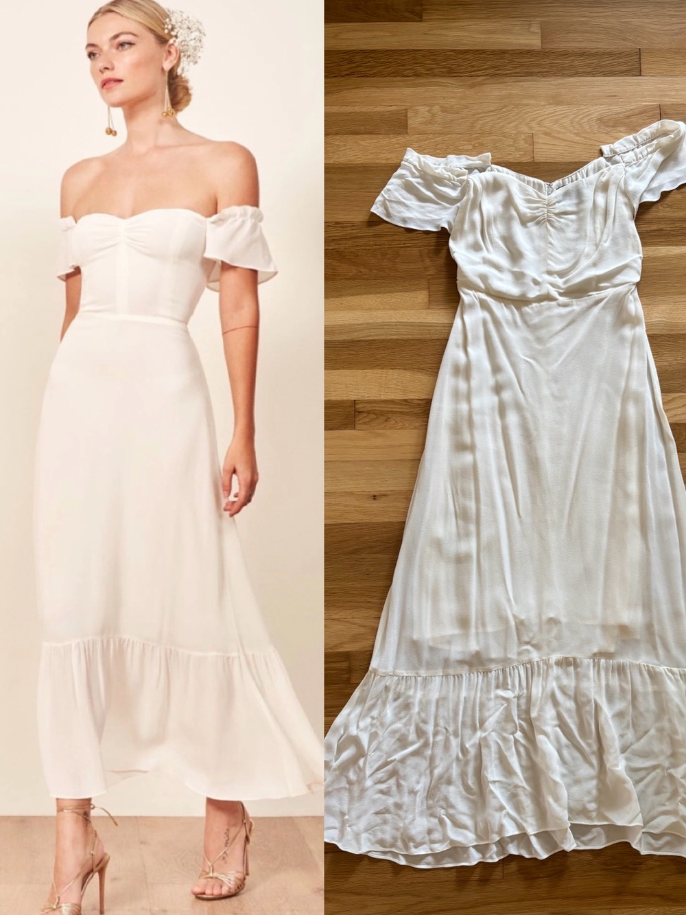 Reformation Butterfly Off Shoulder Ruffle Midi Dress - Ivory - Viscose - Size 8